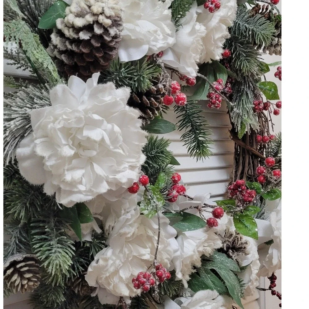 Natural farmhouse outdoorsy holiday winter White Peony Pinecone Berry 24 Inch